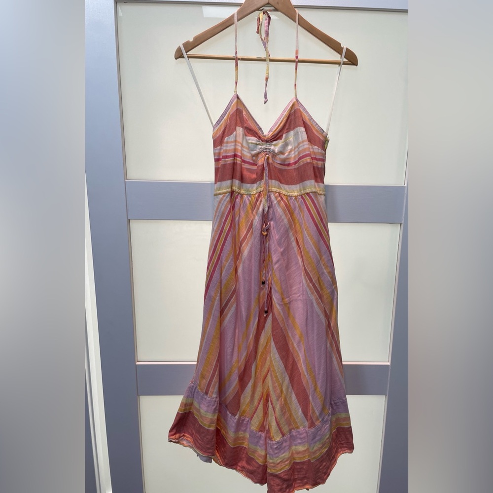 Anthropologie Yellow Pink and White Striped  Halter Dress